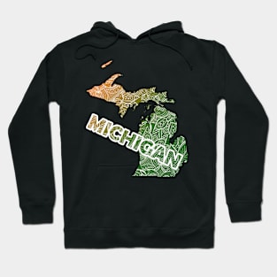 Colorful mandala art map of Michigan with text in green and orange Hoodie